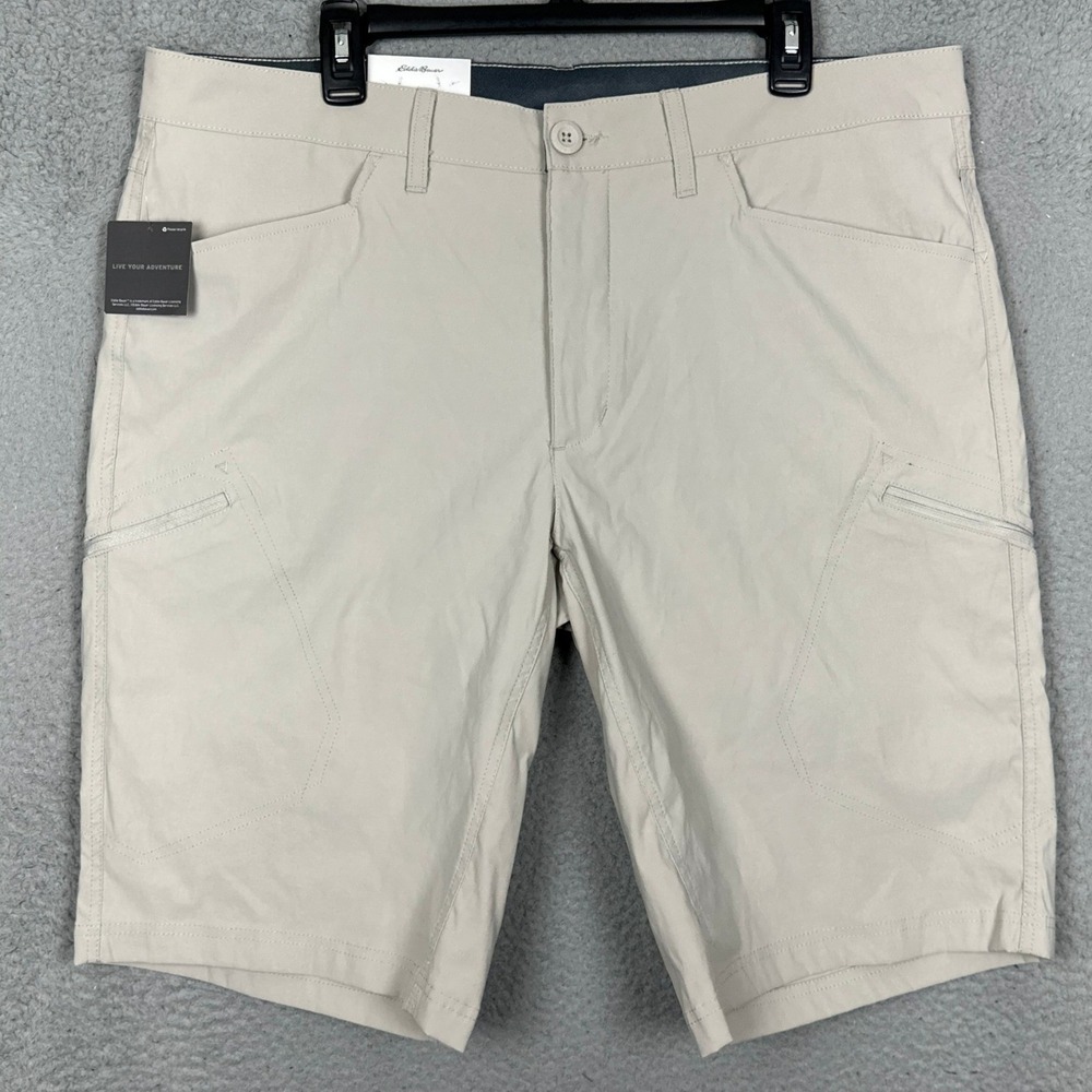 NEW Eddie Bauer Rainier Shorts Mens 38 Beige Hiking Cargo Flat Front Stretch